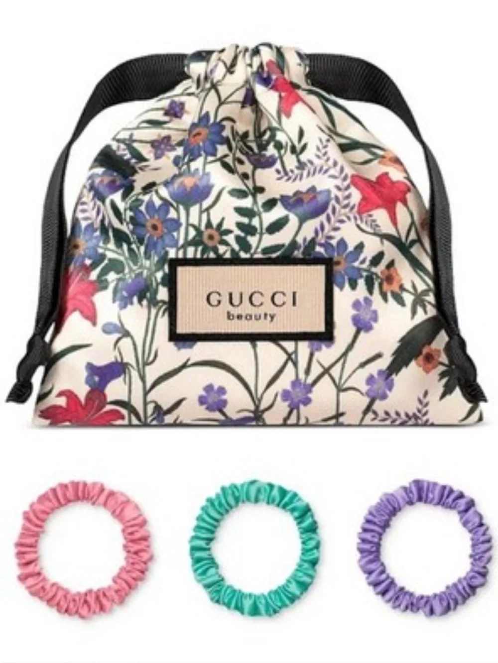 Gucci Floral Satin Scrunchie Trio in Purple, Pink & Teal with Floral Pouch